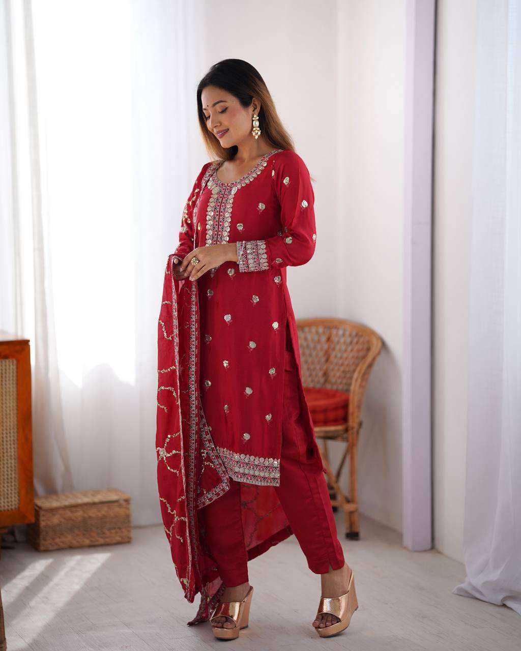 Women's Chinon Silk Embroidered Straight Kurti with Pant And Dupatta Set - Image 8