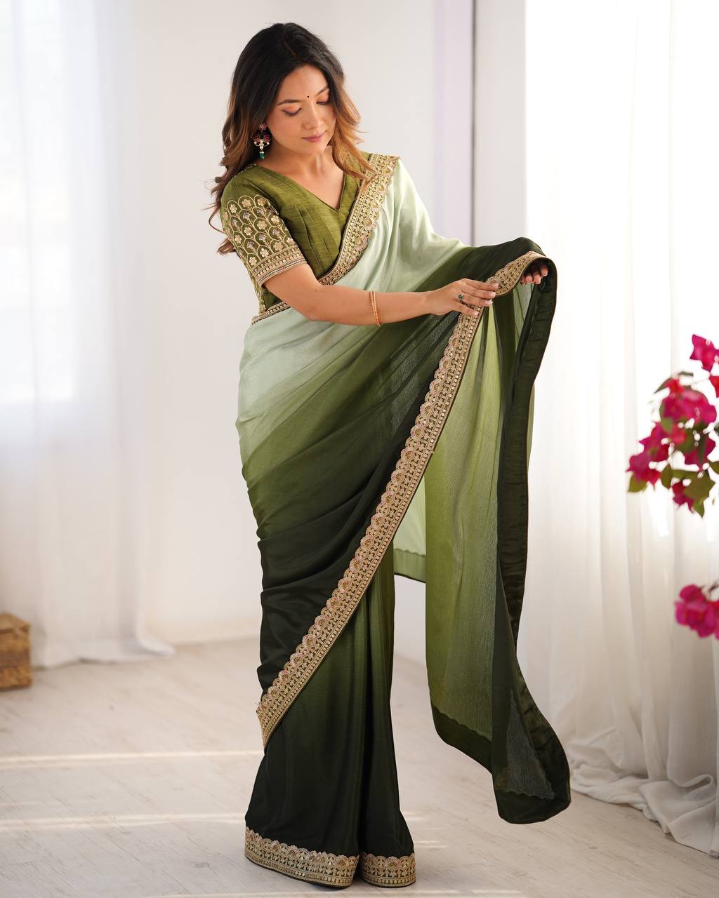 Women's Elegant Ombre Green Georgette Saree with Intricate Golden Zari & Stone Embellishments – Complete with Heavily Worked Blouse for Festive & Wedding Wear - Image 28